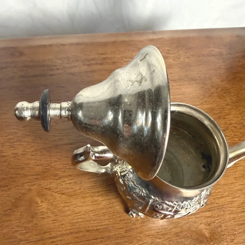 VTG Moroccan Silver Plate Teapot Repousse Footed Fez Style Wood Finial Signed